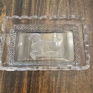 Cut Glass Rectangular Bowl With Dog Etching